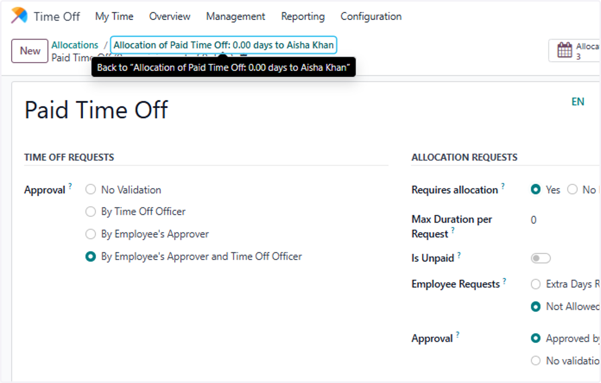 Click on Allocation of Paid Time Off: 0.00 days to Aisha Khan