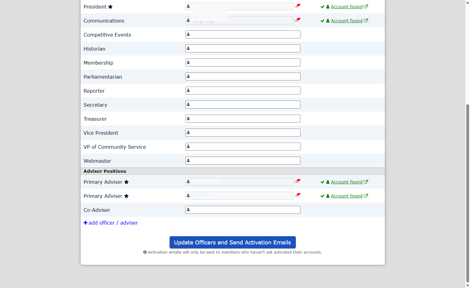 Click on Update Officers and Send Activation Emails