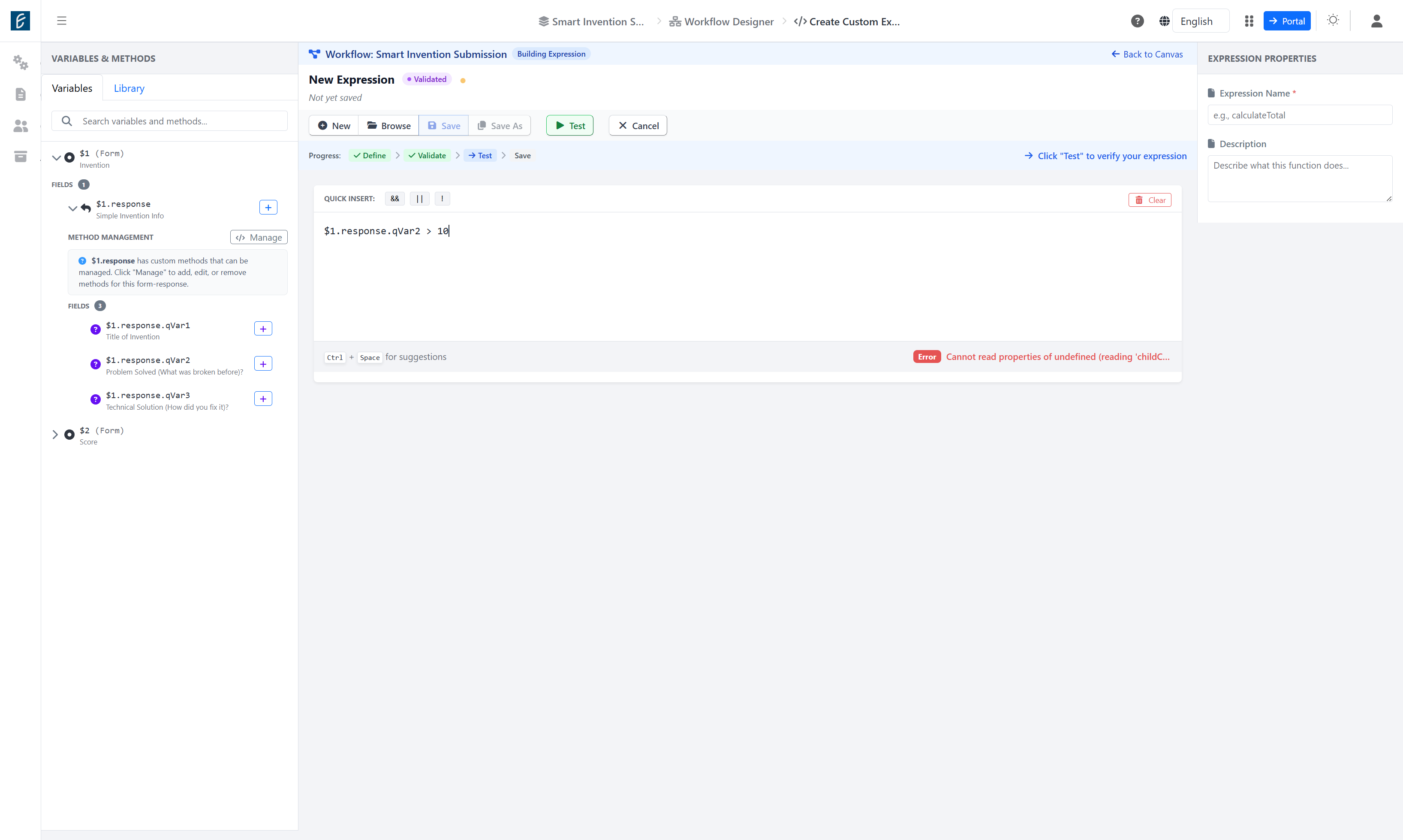 Type "$1.response.qVar2 > 10"