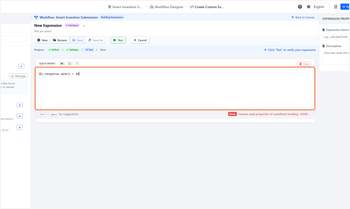 Type "$1.response.qVar2 > 10"
