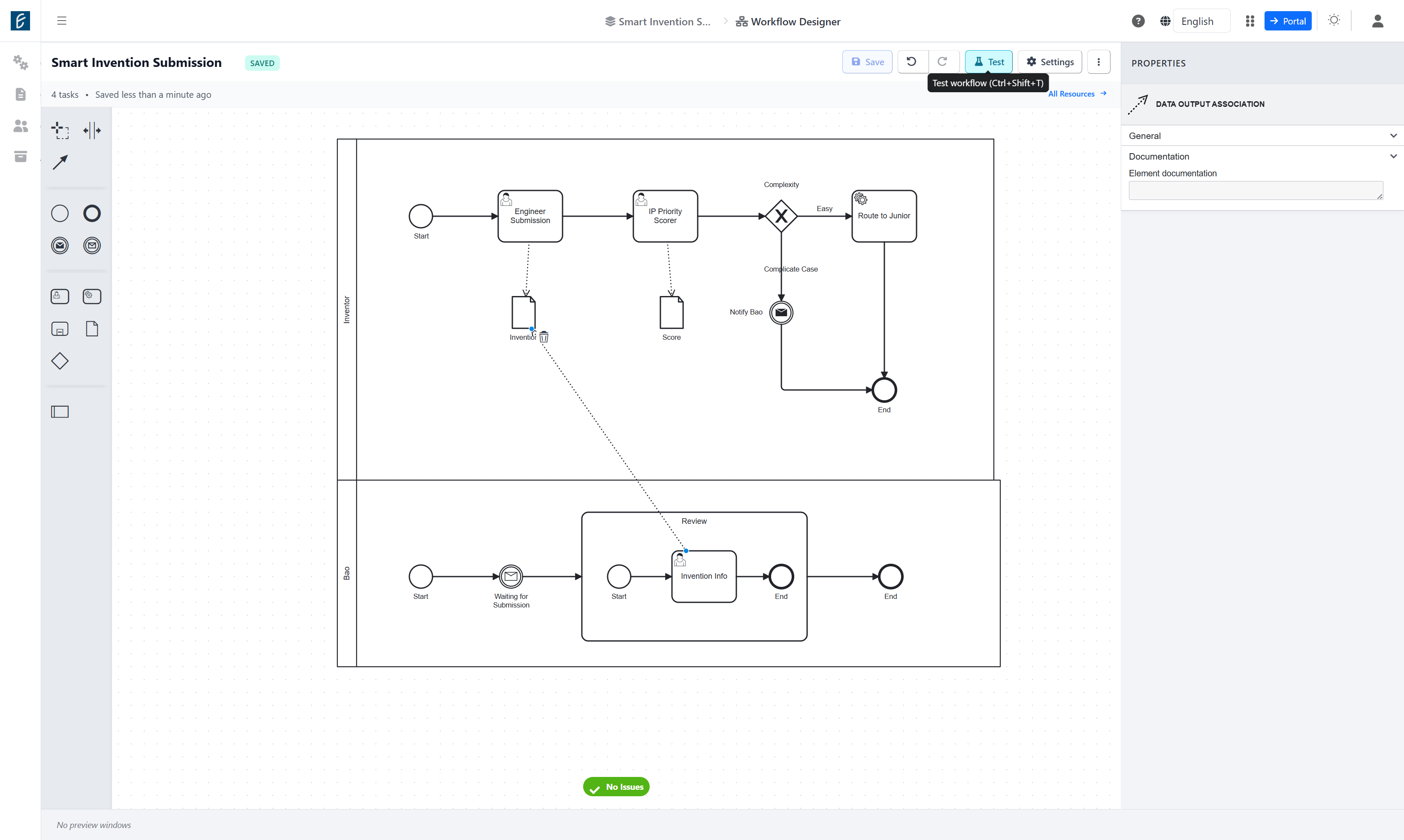 Click on Test workflow (Ctrl+Shift+T)
