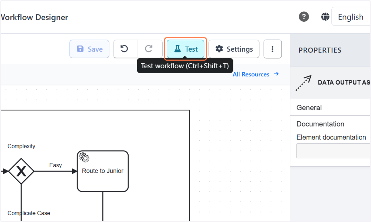 Click on Test workflow (Ctrl+Shift+T)