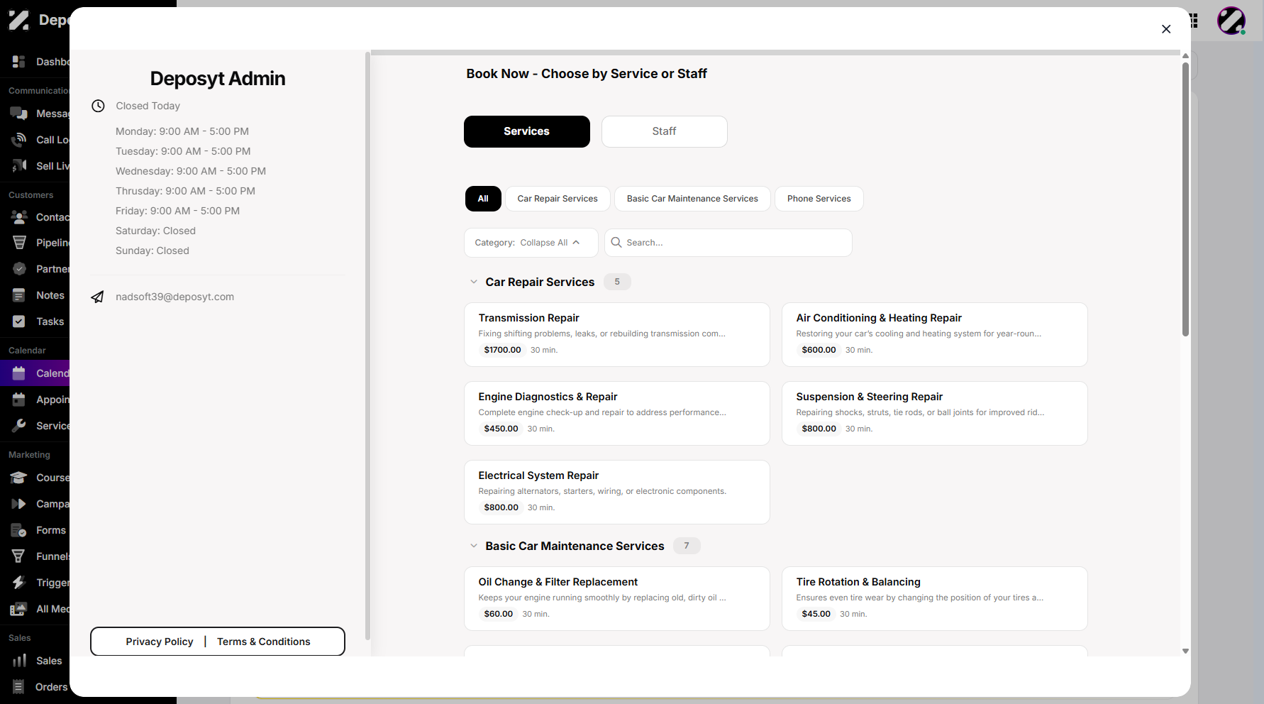 Step 6: The Services window will appear, prompting you to select a service.