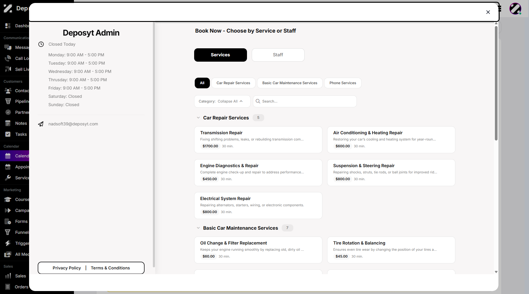 Step 6: The Services window will appear, prompting you to select a service.