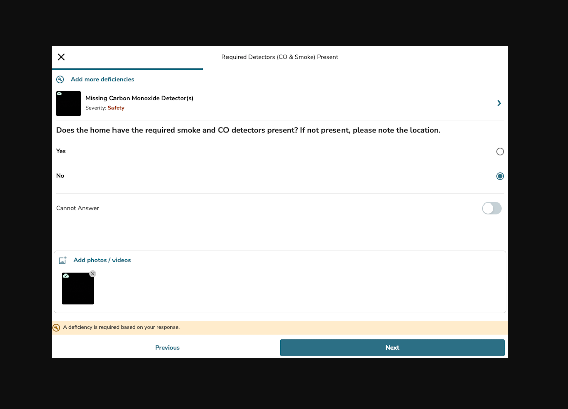 Once all deficiencies are entered, you'll be able to press "Next" and continue the report.