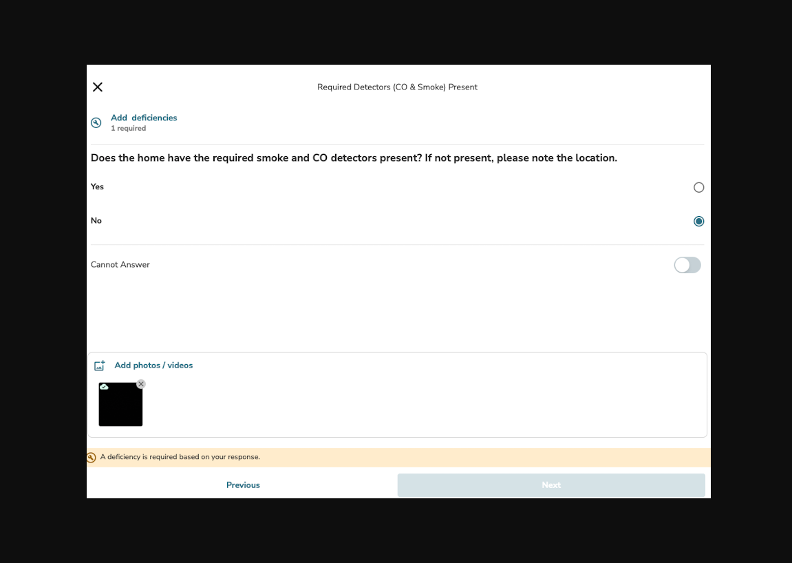 Press the "Add deficiencies" button to record a defect for the missing item(s).