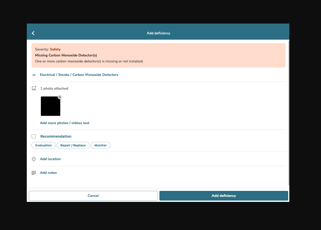 Add all required information for the deficiency, including pictures of areas where detectors are missing from.