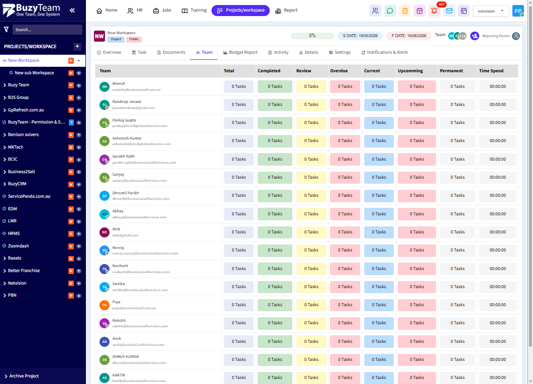 Use the Team tab to assign members, departments, and collaborators to the workspace.
