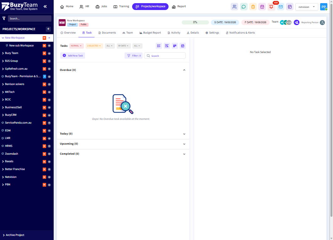 Open the Task tab to create, assign, monitor, and manage tasks within the workspace.