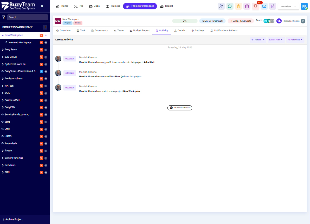 The Activity tab displays workspace activity logs, updates, operational changes, and user actions performed within the workspace.