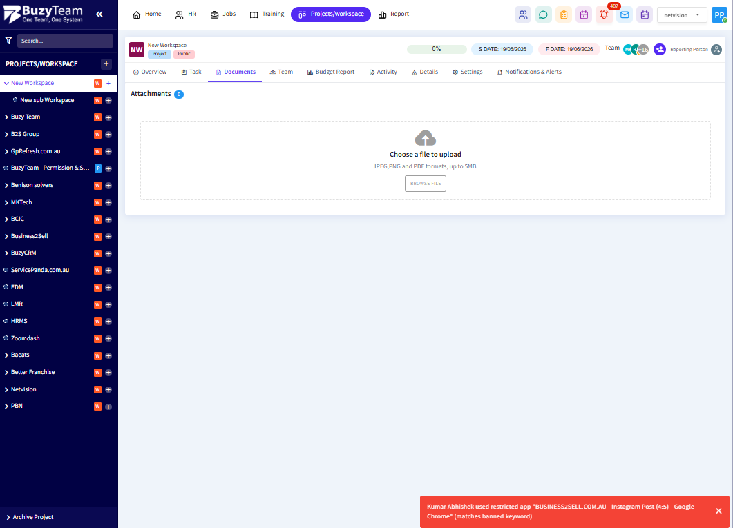 The Documents tab allows teams to upload, share, and organize project-related files and documentation centrally.