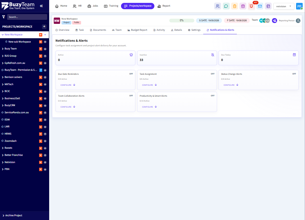 The Notifications & Alerts section allows users to configure reminders, assignment alerts, status notifications, collaboration alerts, and productivity updates.