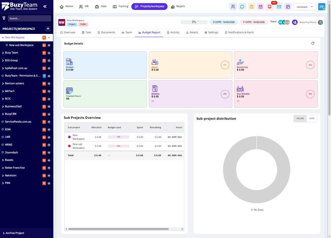 The Budget Report section provides financial visibility including budgets, spending, revenue tracking, profitability, and utilization insights.
