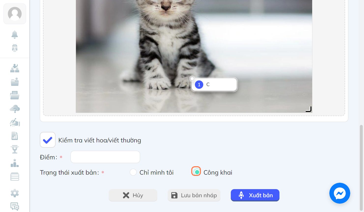 Nhấn chọn "Công khai" để công khai câu hỏi