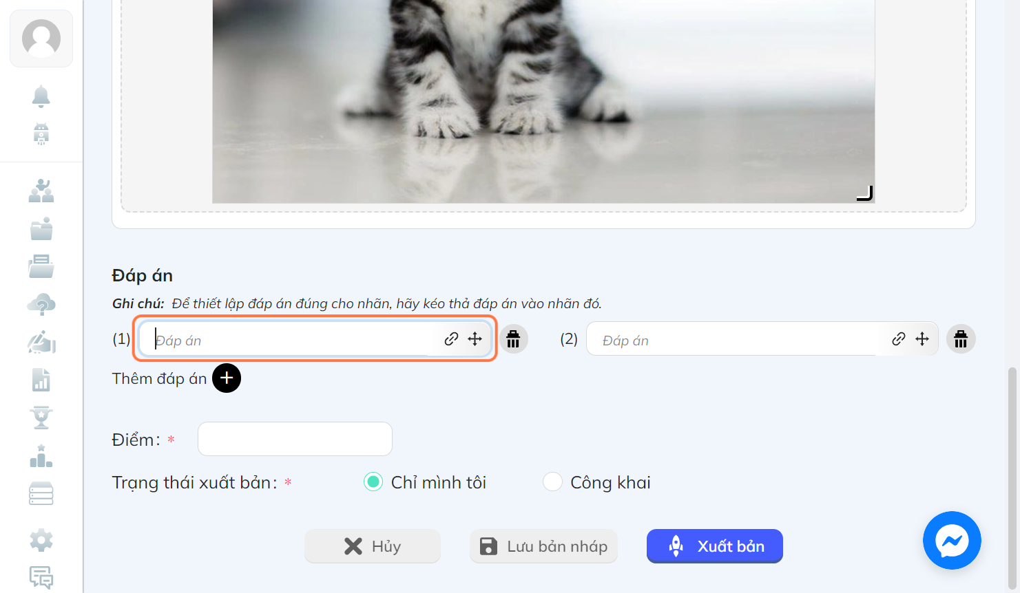 Tại mục "Đáp án" nhập đáp án. Các đáp án sẽ tuân theo thứ tự của ô trống. Có thể tạo các đáp án chưa đúng/không đúng để đánh lạc hướng người làm (Thứ tự đáp án chưa đúng phải khác với thứ tự của các ô trống điền kết quả).