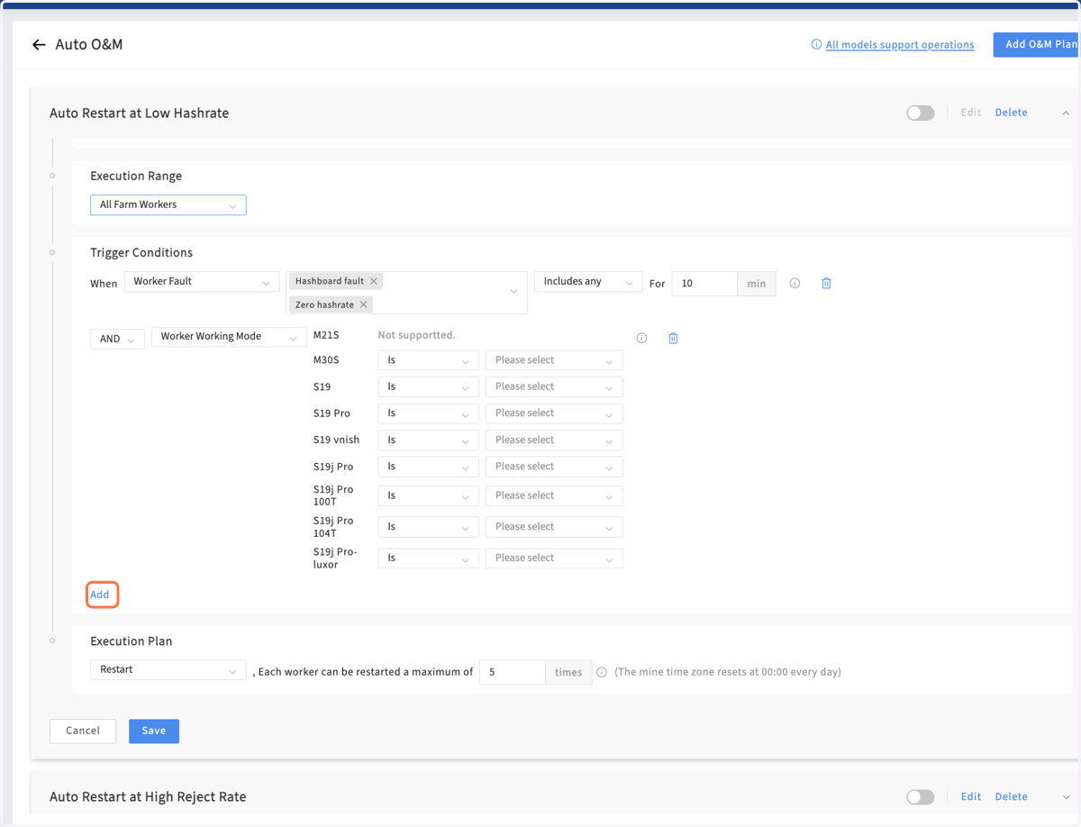 Configure the trigger conditions with one or more rules.You can choose various data such as faults and computing power as conditions
