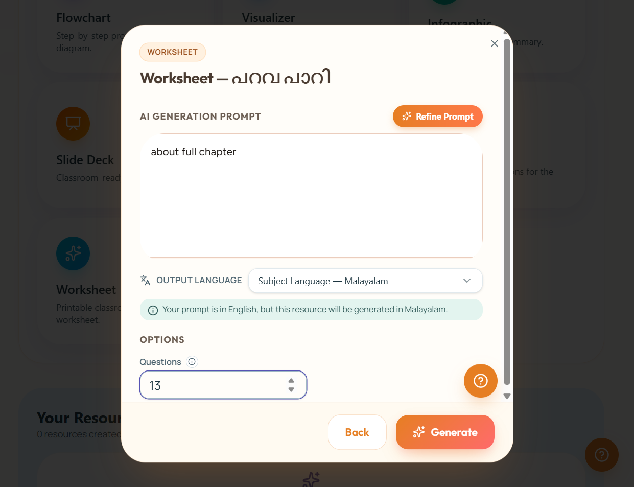 A. You can briefly type what you expect or want in the worksheet. in AI GENERATION PROMPT B. Choose the number of questions you want in the worksheet.