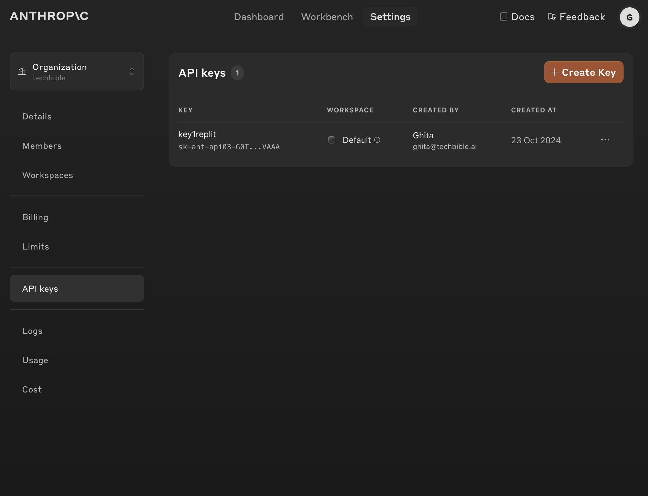 Click on Create Key