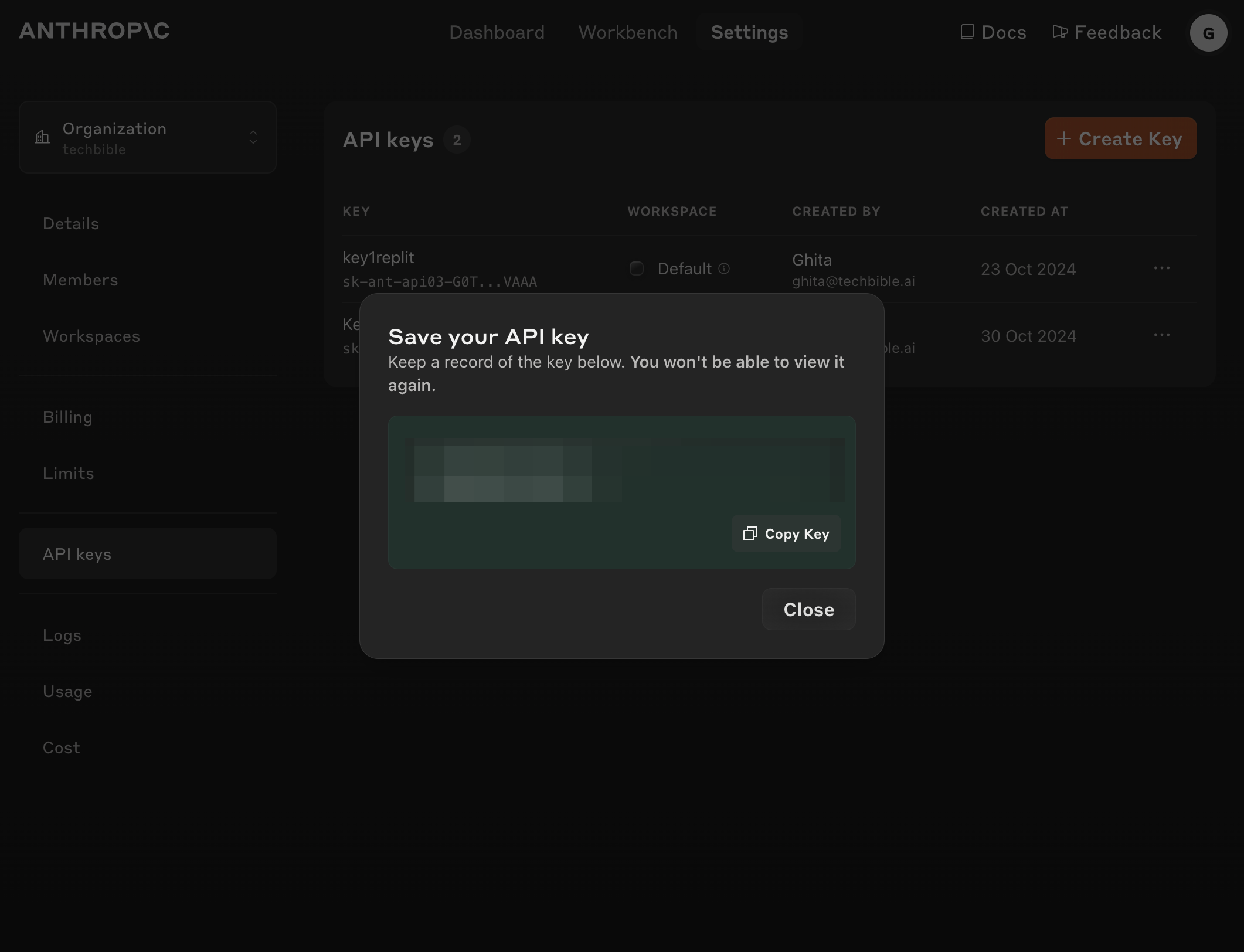 Click on Copy Key