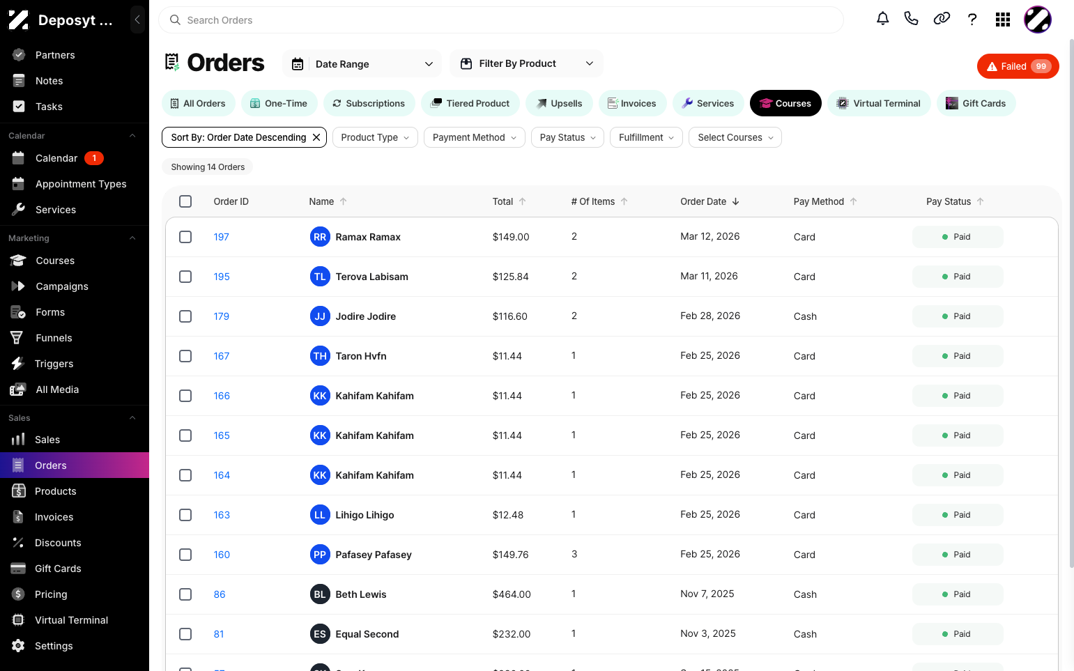 Step 3: By default, the All Orders tab is displayed. Click the Courses button to view courses. Here, you can see Order ID, Customer Name, Total Amount, Number of Items, Order Date, Payment Method, and Pay Status.