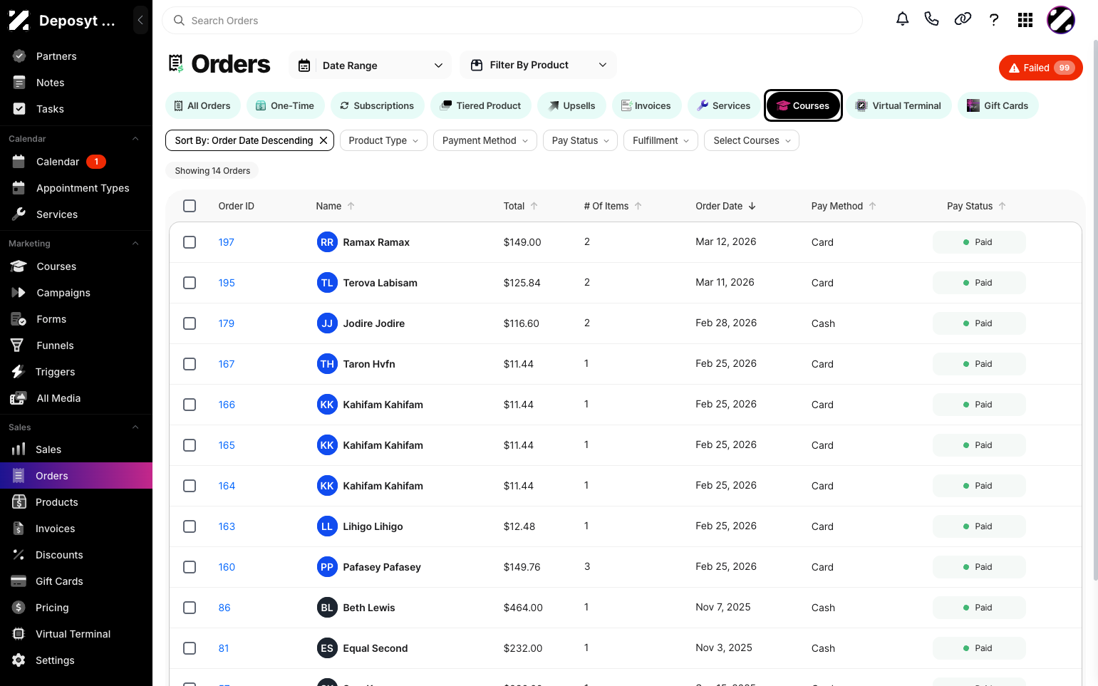 Step 3: By default, the All Orders tab is displayed. Click the Courses button to view courses. Here, you can see Order ID, Customer Name, Total Amount, Number of Items, Order Date, Payment Method, and Pay Status.