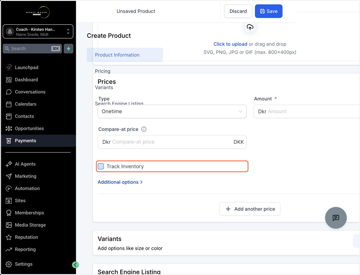 Hvis du kun vil sælge et bestemt antal - Klik på "Track Inventory"