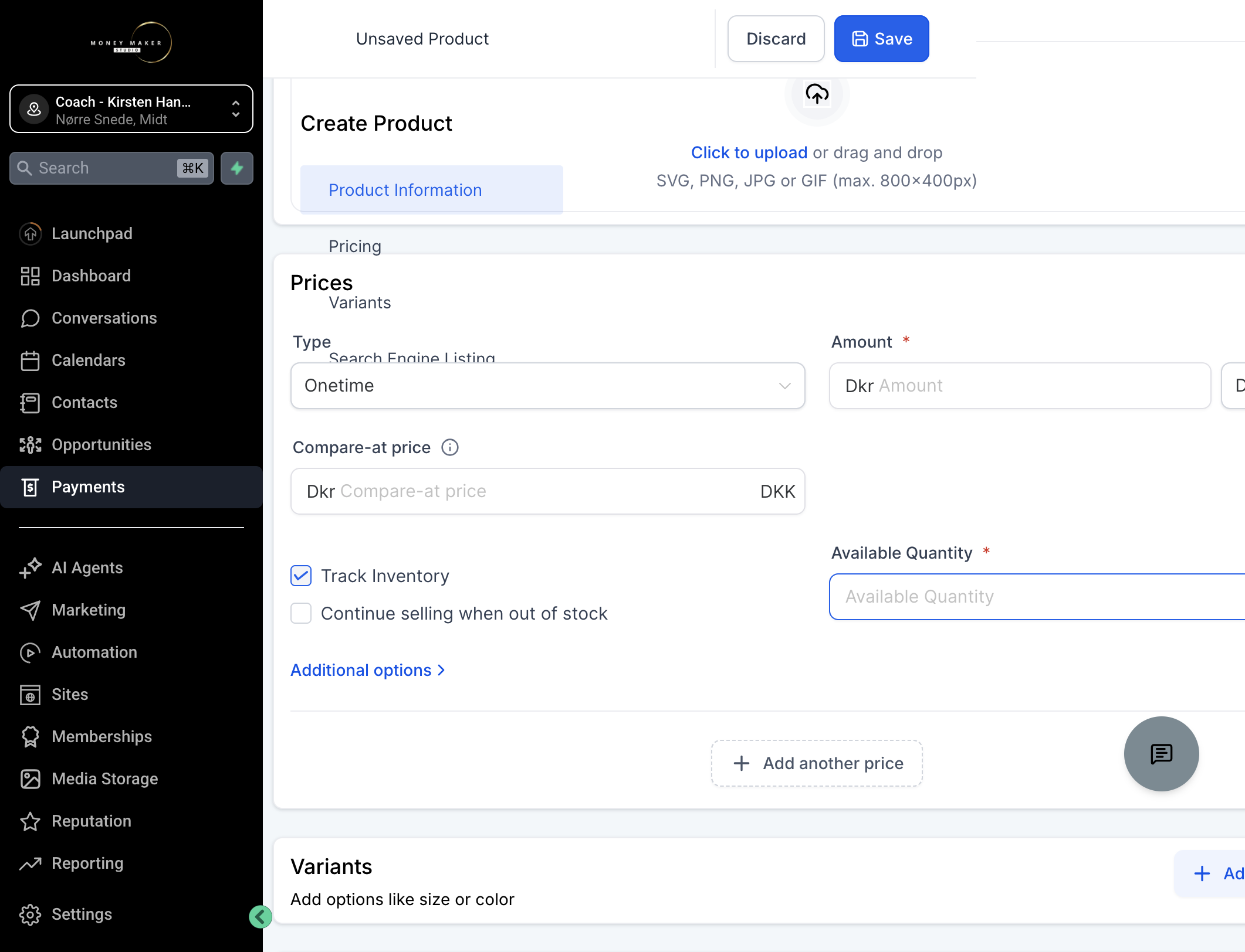 Hvis du vil tilbyde forskellige priser - enten i samme checkout eller i hvert sit, så tilføj flere priser ved at klikke på "Add another price"