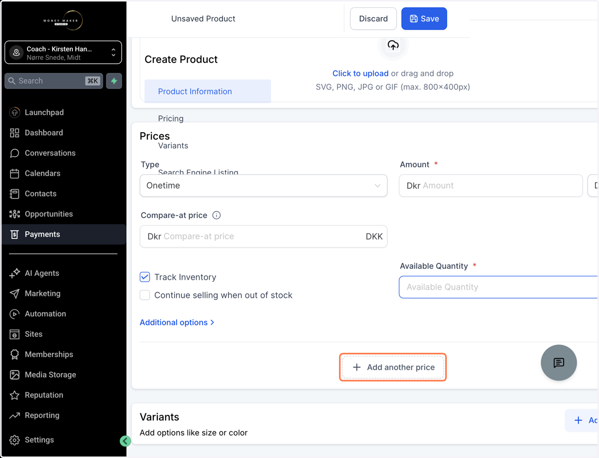 Hvis du vil tilbyde forskellige priser - enten i samme checkout eller i hvert sit, så tilføj flere priser ved at klikke på "Add another price"