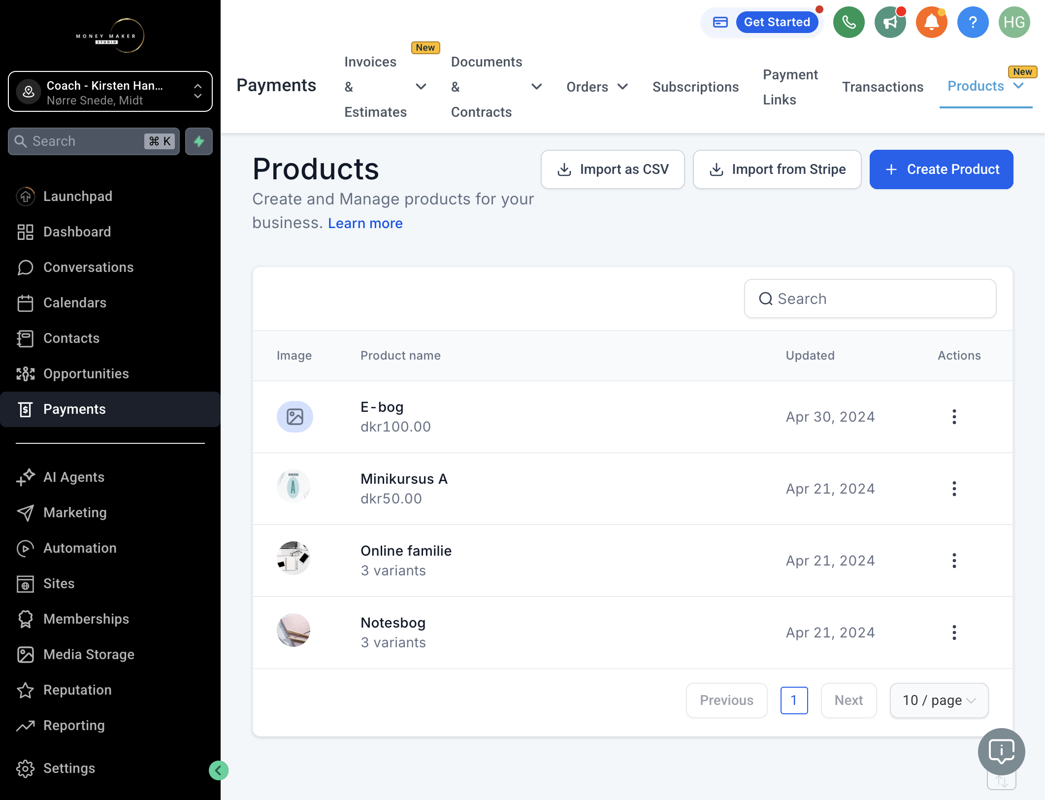 Klik på Create Product/Opret Produkt