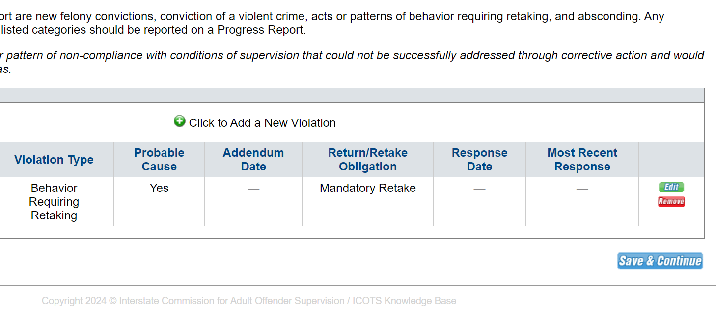 Review Violation Overview, then 'Save & Continue' to proceed.