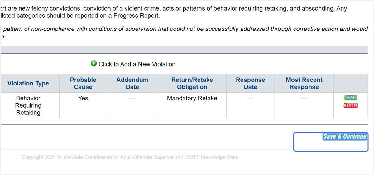 Review Violation Overview, then 'Save & Continue' to proceed.
