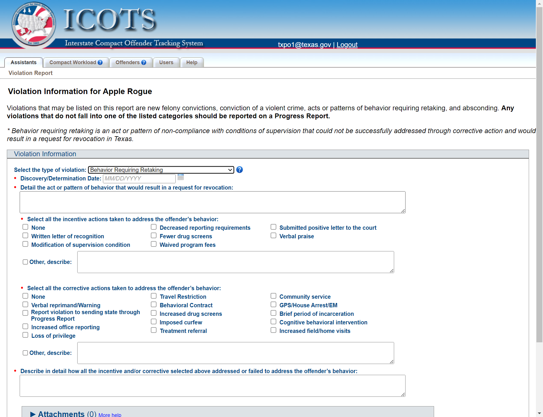 Select Behavior Requiring Retaking from Select the type of violation: