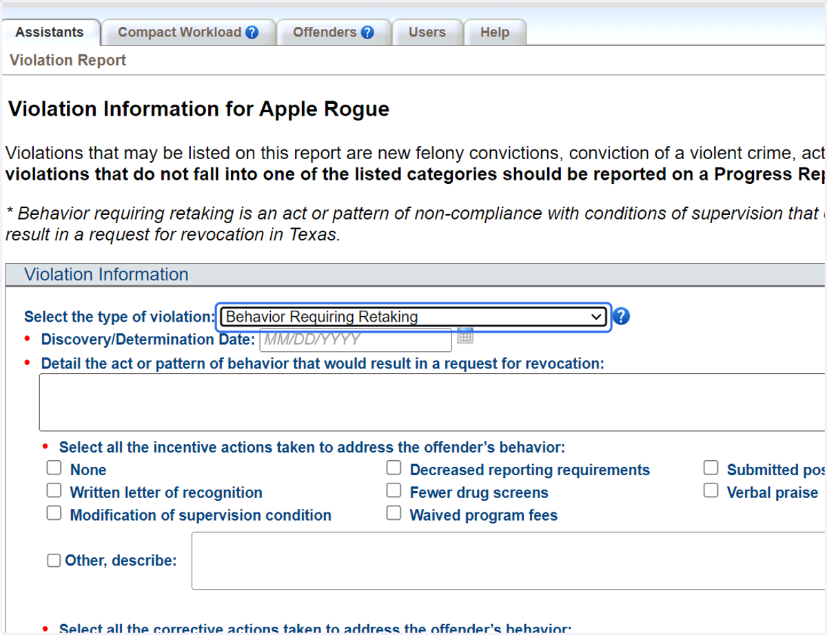 Select Behavior Requiring Retaking from Select the type of violation: