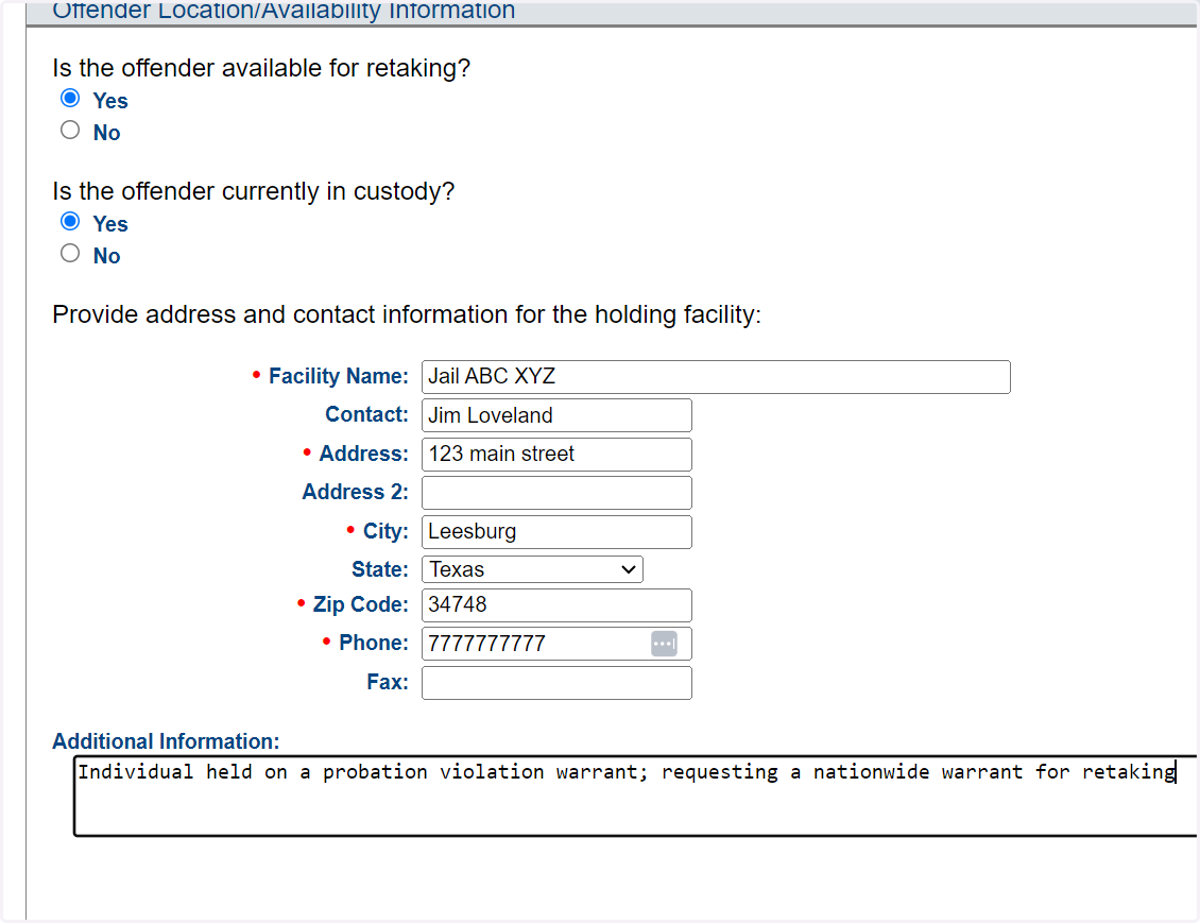 Provide availability and location information. It is best practice to use the Violation Report Requiring Retaking once the individual is 'available.'