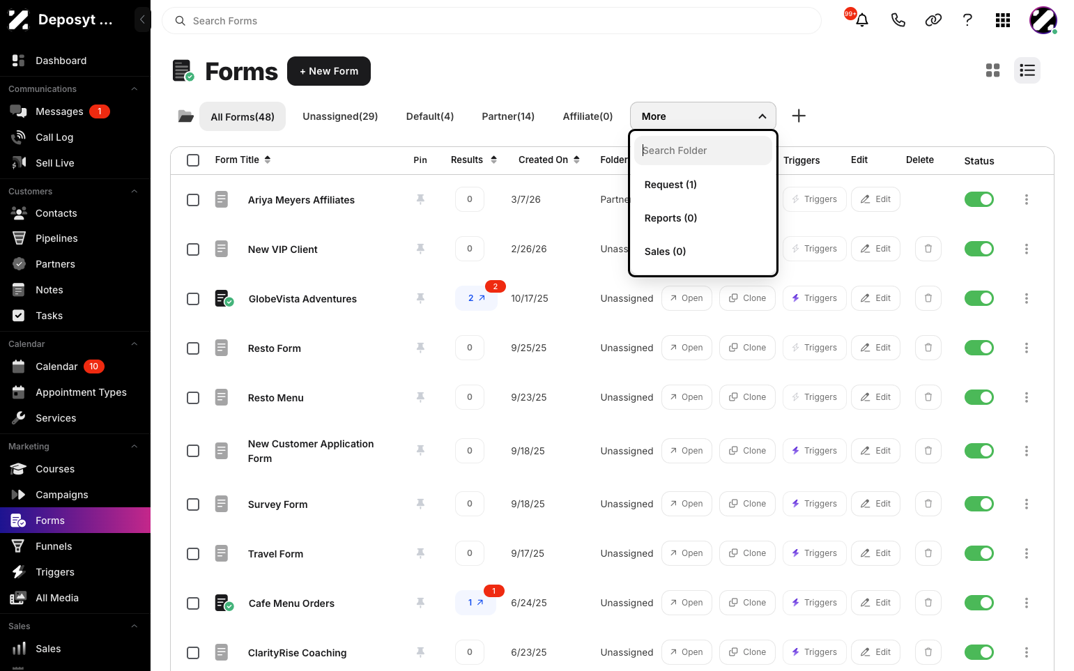 Step 4: Select a folder, and all forms under that folder will be displayed.