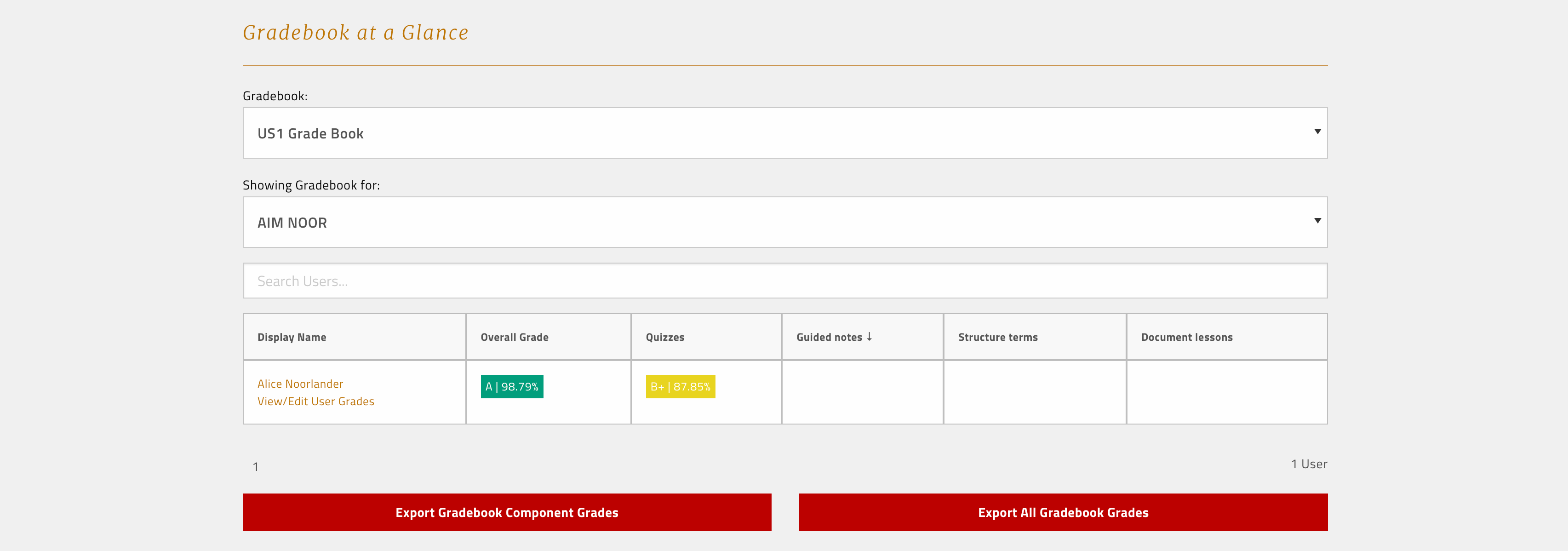 The new weighted grade will also be reflected in the dashboard "Gradebook at a Glance" view showing all students in your classroom