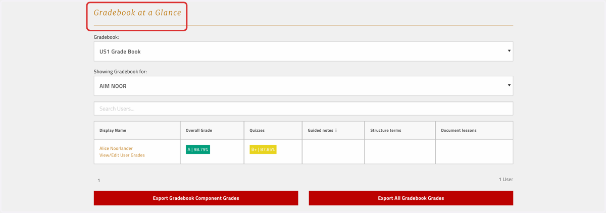 The new weighted grade will also be reflected in the dashboard "Gradebook at a Glance" view showing all students in your classroom