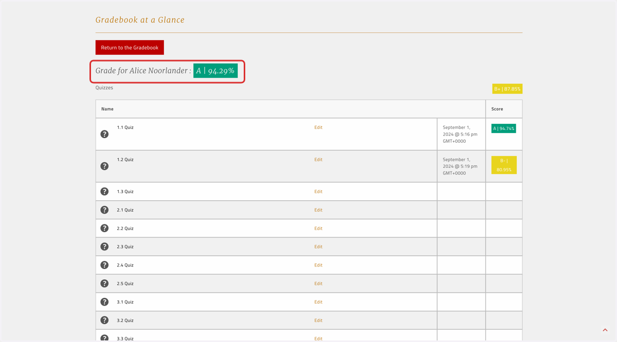 The new weighted grade will be reflected in the individual student view