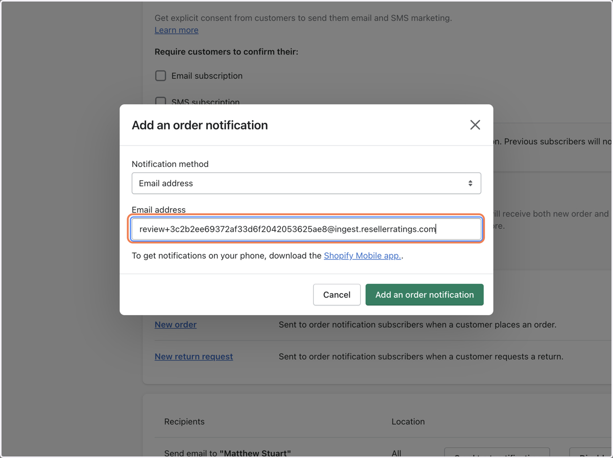 Paste your unique ingestion destination address into "Email Address"