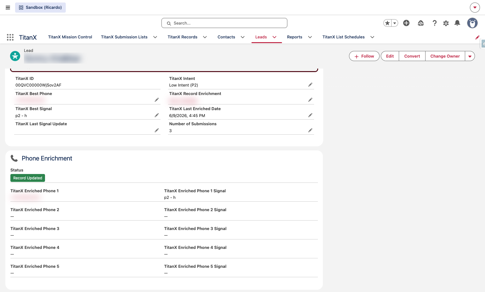 A. The Phone Enrichment section will track the Enriched Phone information returned B. Click on p2 - h