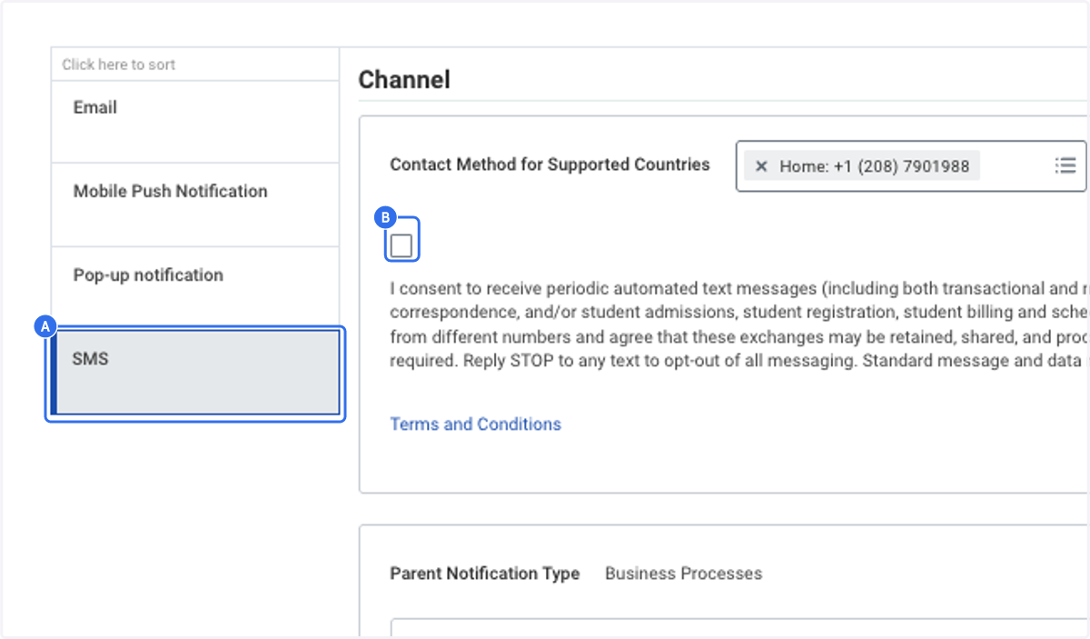 A. Scroll down to Channels, click on SMS in the Left Menu B. Check the box above 'I consent'