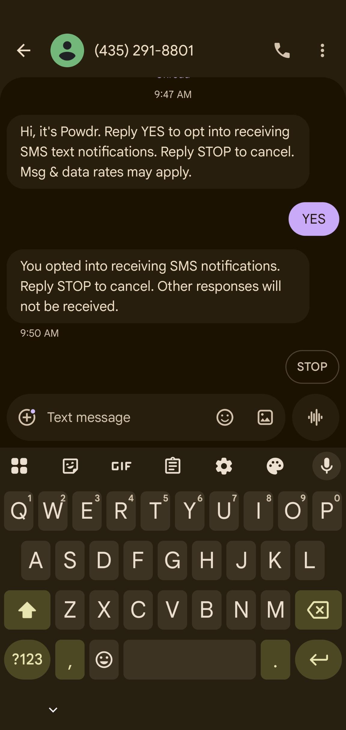 You will receive a confirmation text that looks like this. Be sure to reply YES
