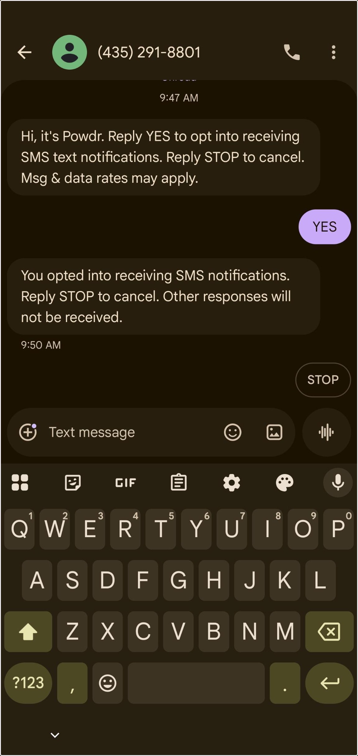 You will receive a confirmation text that looks like this. Be sure to reply YES