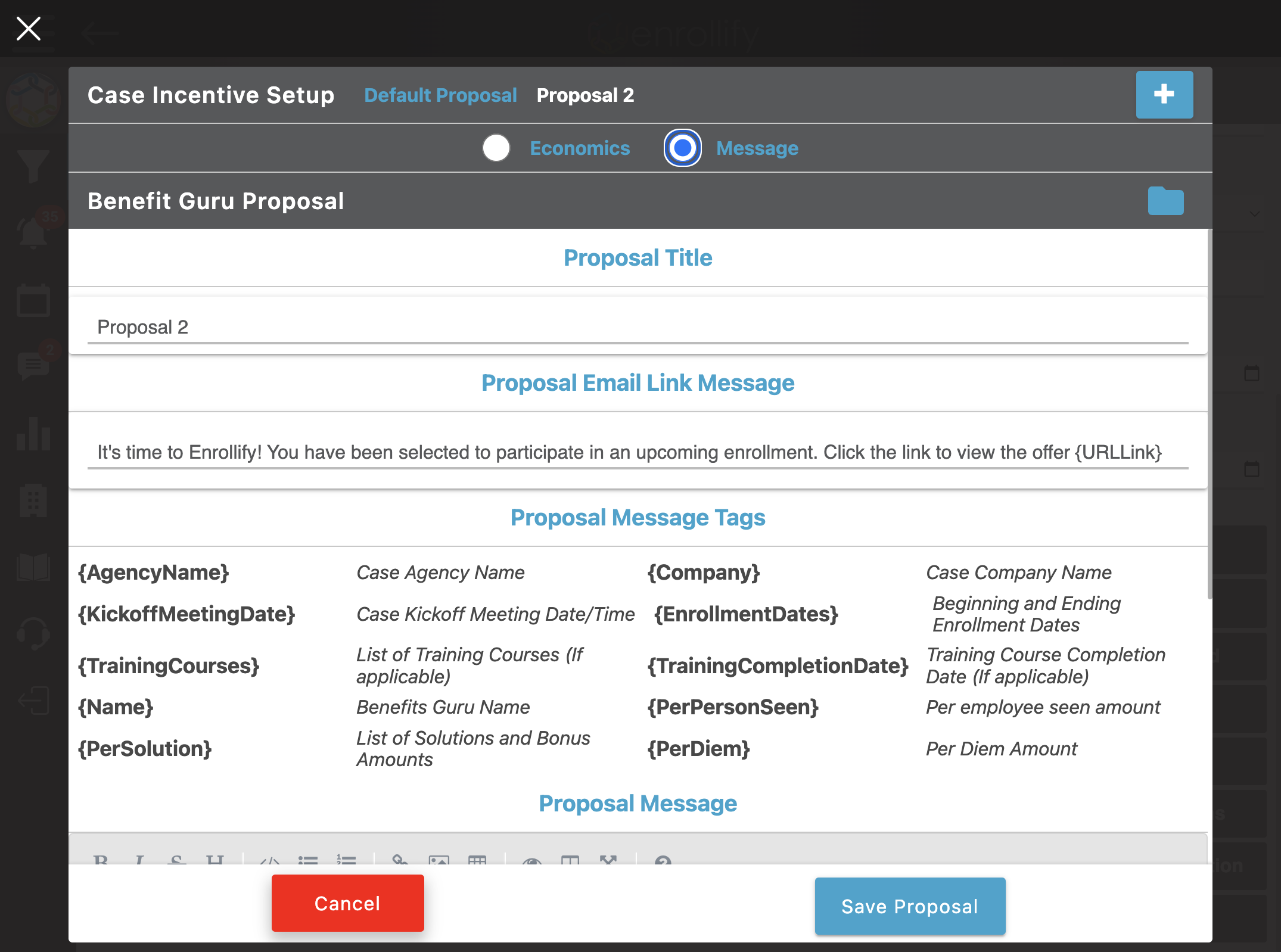 Toggle between Economics and Proposal to update or change the compensation or communication details.