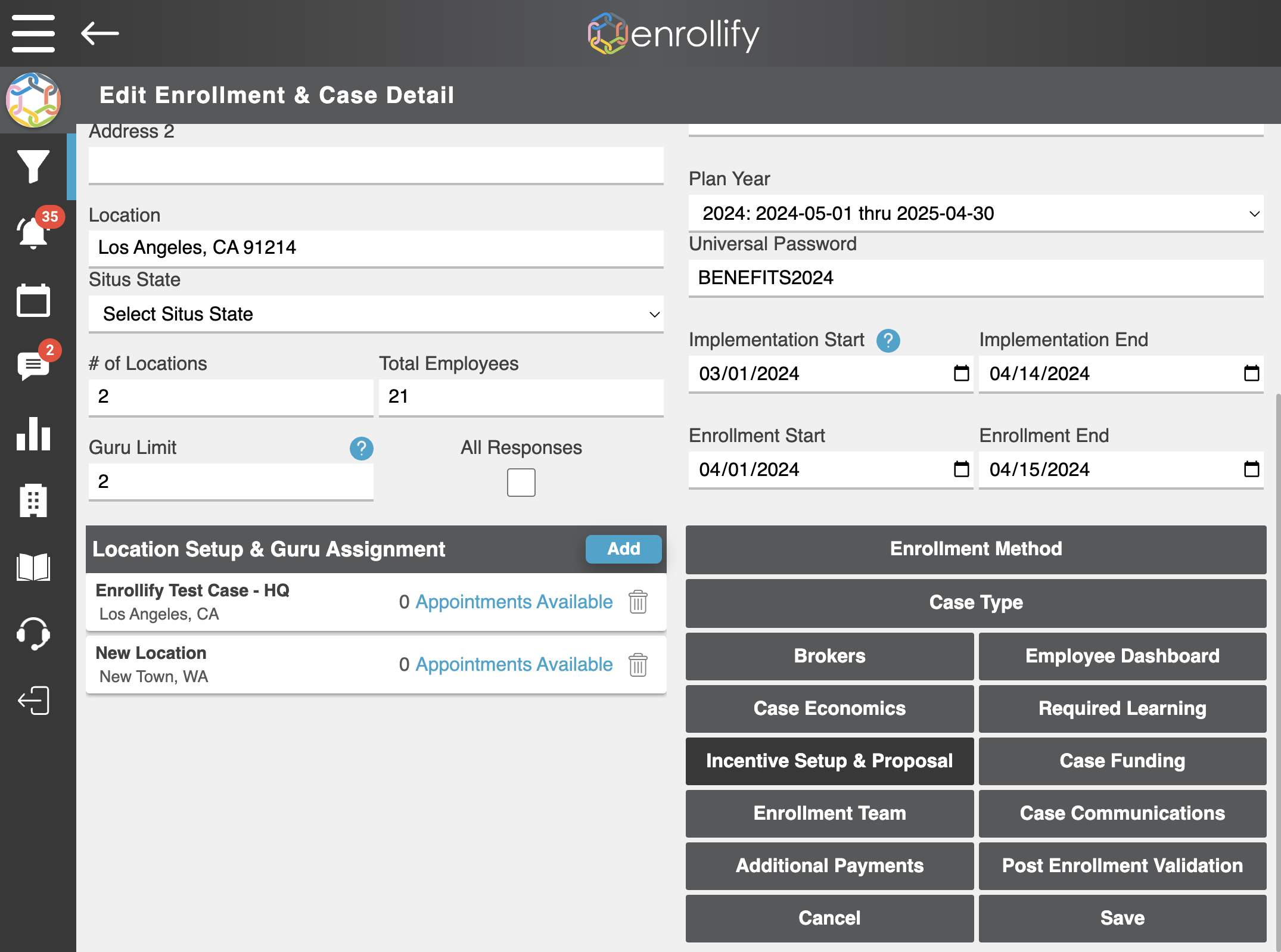 From Enrollment & Case Details, click on Incentive Setup & Proposal.