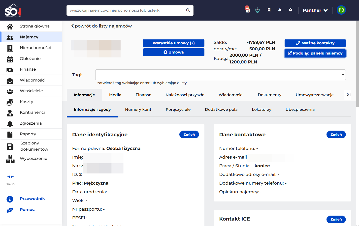 W tym miejscu możesz zobaczyć ważne kontakty podane przez najemcę np. do poręczyciela, jak i zobaczyć podgląd panelu najemcy ( co widzi najemca po zalogowaniu na swoje konto )
