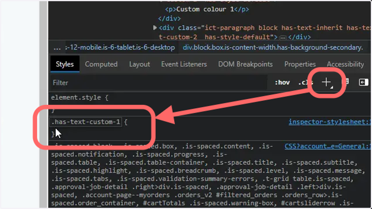 Click the '+' icon to add a new style rule and input a custom text color rule