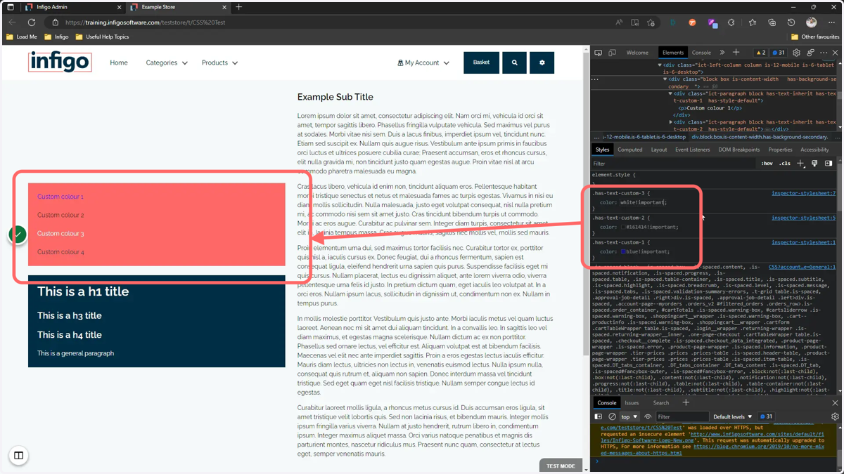 Defining custom text colours here will give you instant feedback on the web page