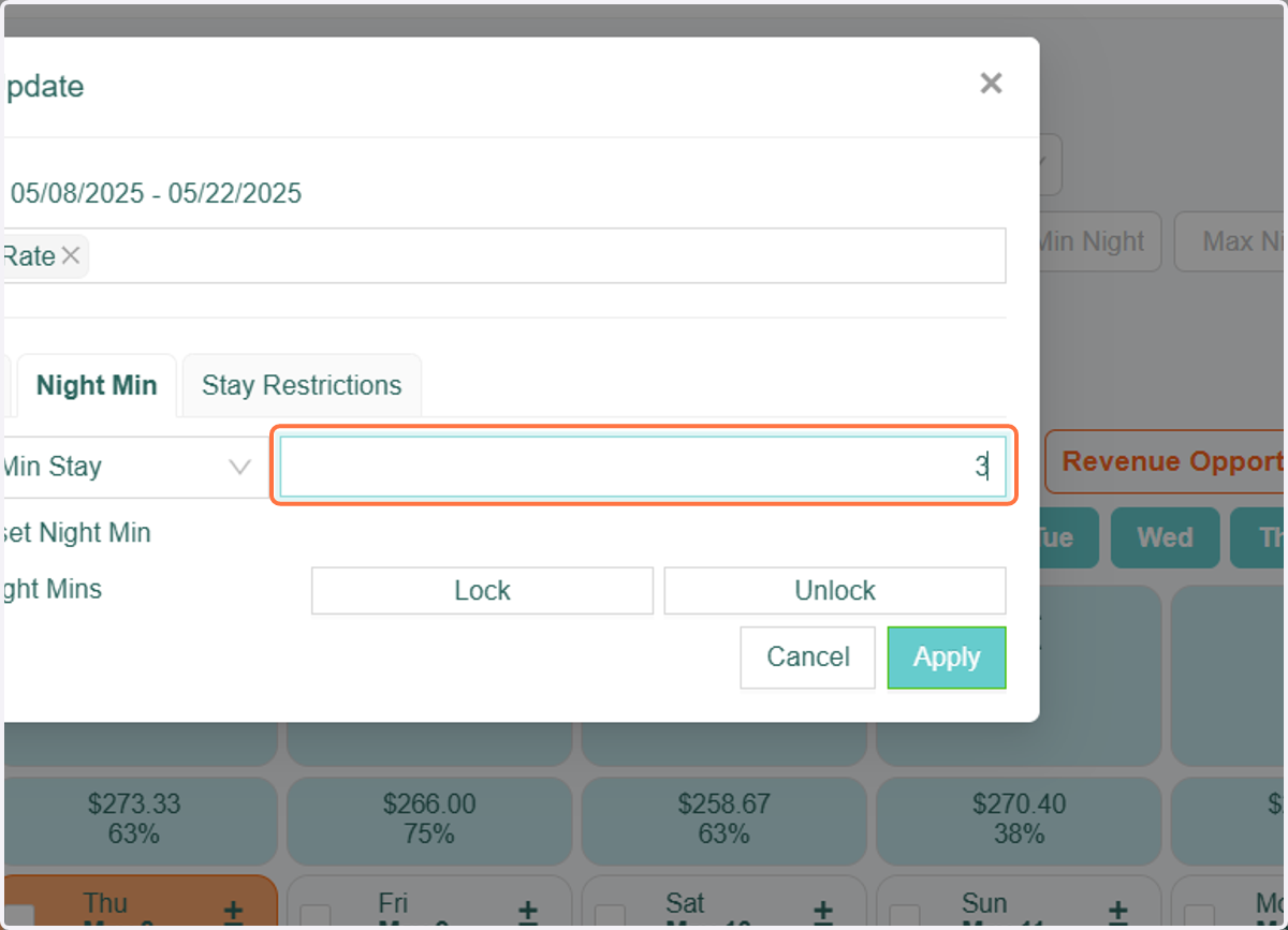 Input the preferred night minimum value you want to apply. Once set, click "Apply" to save.