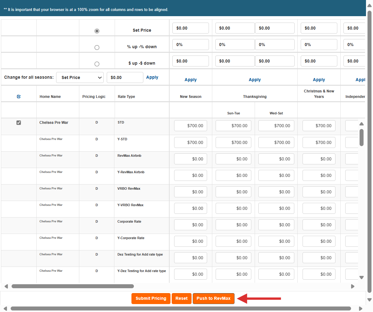 In the Homes Pricing Tool window, click the "Push to RevMax" button to push the update to your RevMax system.